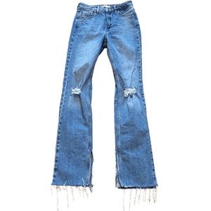 Zara High Rise Distressed Knee Raw Hem Medium Wash Flare Jeans 4